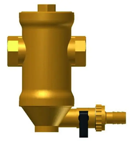 Abscheider aus Messing mit mehreren Anschlussmöglichkeiten für die Installation in Heizungsanlagen, hergestellt von IMI Hydronic Engineering.